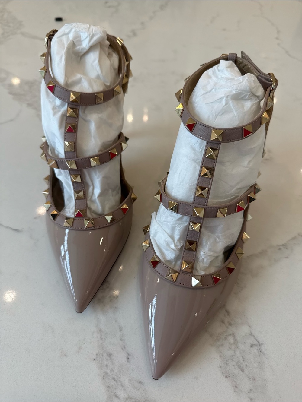 Valentino Studded T-Strap Pointed Toe Pump in Taupe